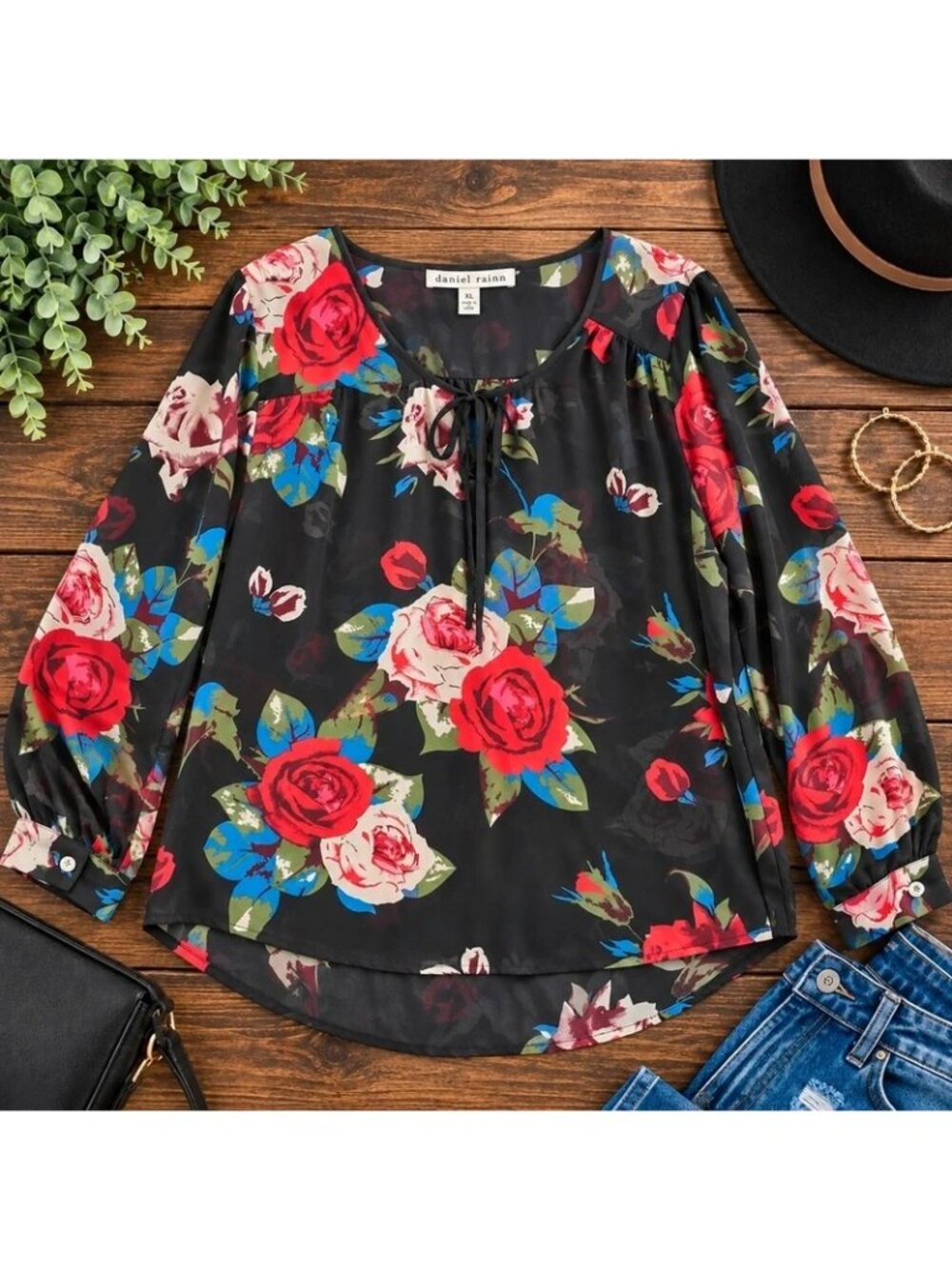 Daniel Rainn Floral Chiffon Blouse Women’s XL Black Rose Print Tie Neck